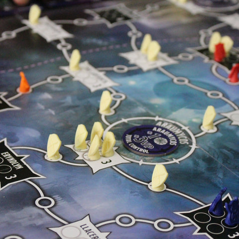 board game with strategic tokens holding positions in key locations of Dungeons and Dragons' "The Underdark". "view"