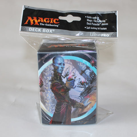 Magic the gathering card game 60 card deck box. featuring blue mage image and with white background 